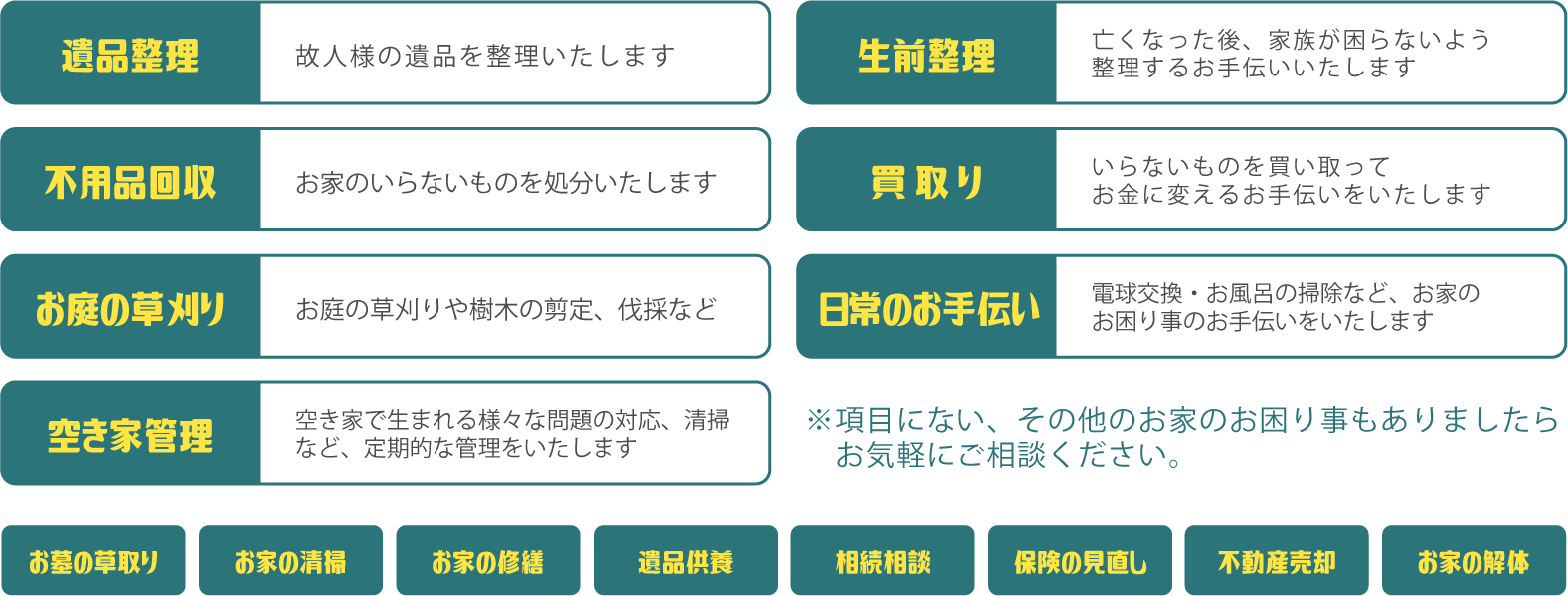 遺品整理・生前整理・不用品回収・お庭の草刈り・お墓の草刈り・買取り・日常のお手伝い・お家の清掃・お家の修繕・遺品供養・相続相談・保険の見直し・空き家管理・不動産売却・お家の解体