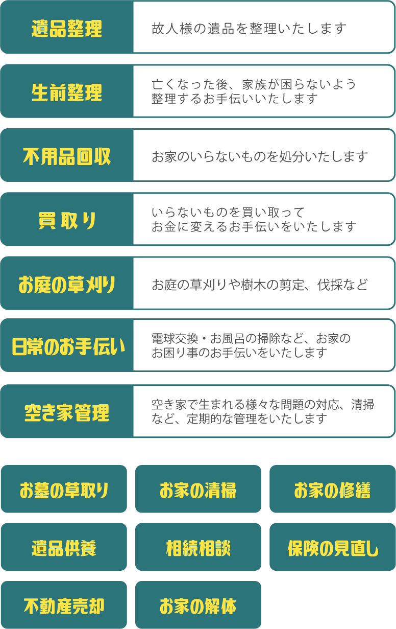 遺品整理・生前整理・不用品回収・お庭の草刈り・お墓の草刈り・買取り・日常のお手伝い・お家の清掃・お家の修繕・遺品供養・相続相談・保険の見直し・空き家管理・不動産売却・お家の解体